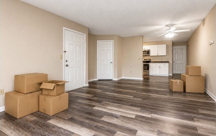 Empty apartment with moving boxes